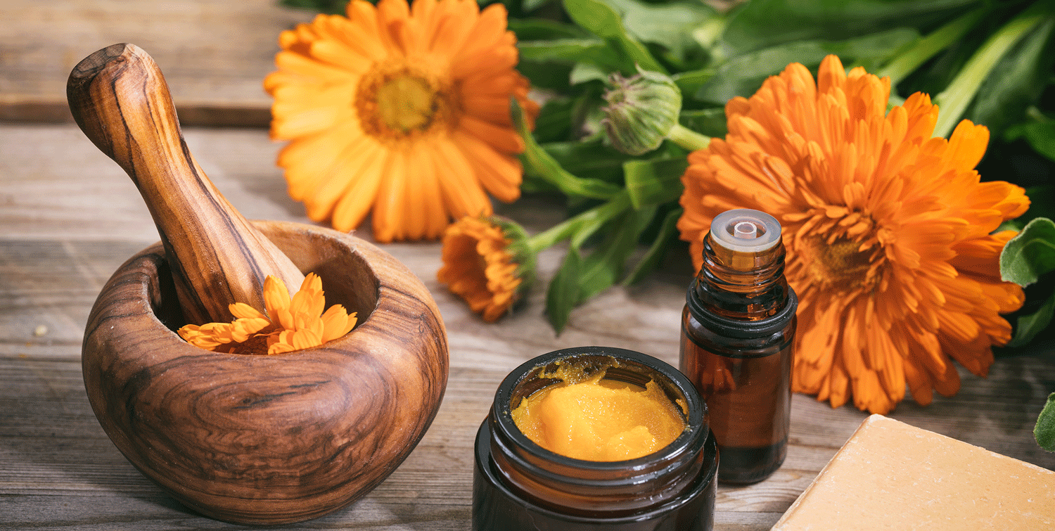 Ringelblumenöl und Creme mit Ringelblumen auf einem Tisch